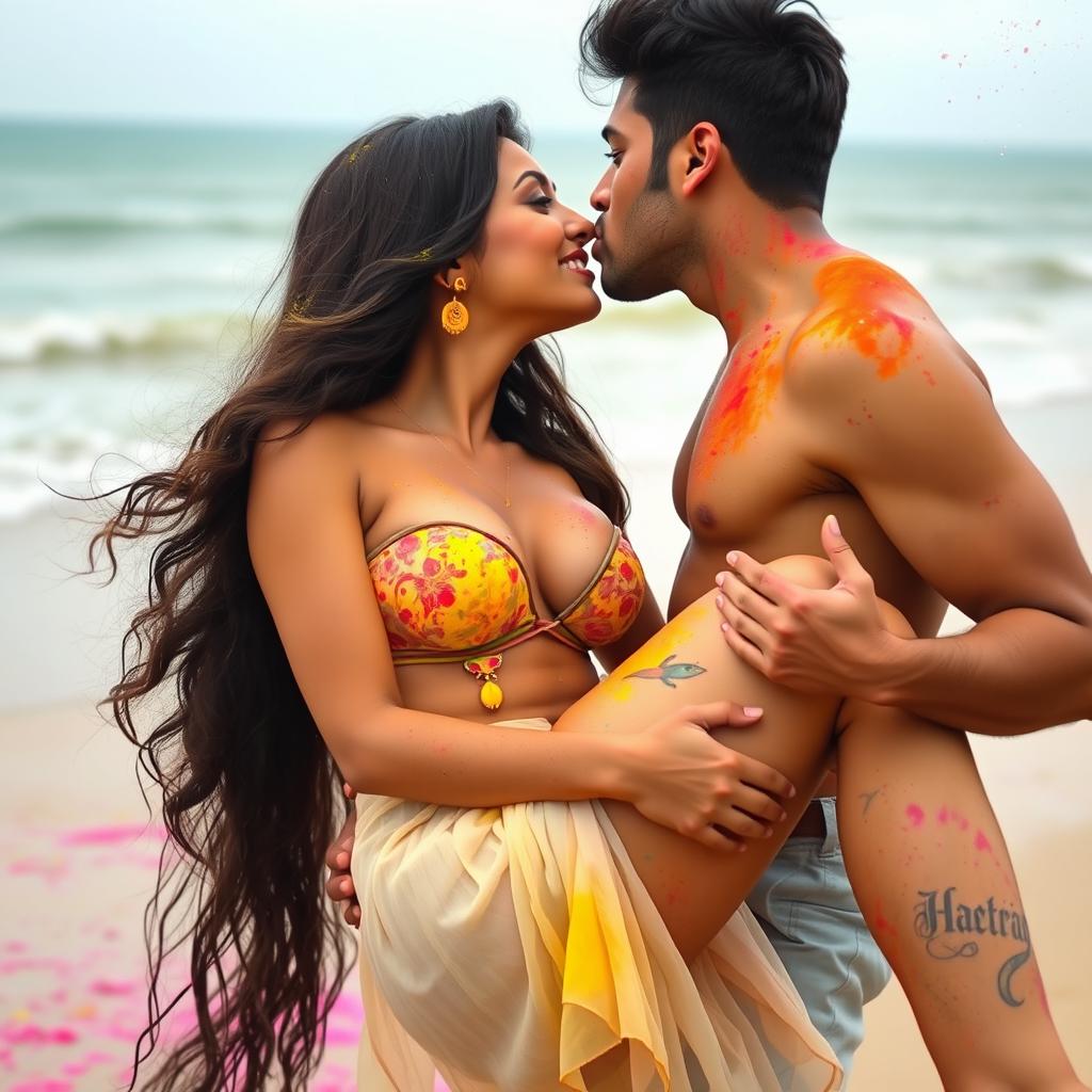 A sensual scene featuring Nushrat Bharucha as a college girl at a beautiful beach during the lively festival of Holi