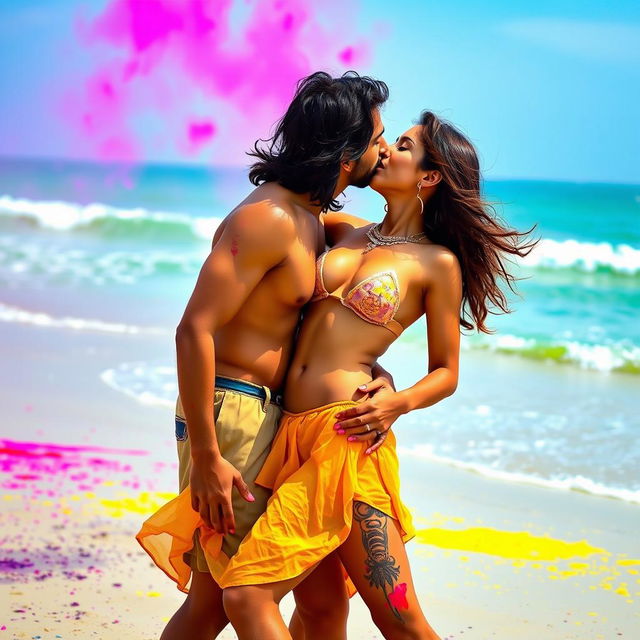 A sensual scene featuring Nushrat Bharucha as a college girl at a beautiful beach during the lively festival of Holi