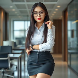 A stunning 19-year-old Korean female secretary with a curvy body, characterized by huge, extremely wide silicone breasts and hard nipples pushed up against her tight button-down shirt