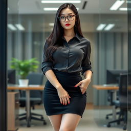 A stunning 19-year-old Korean female secretary with a curvy body, characterized by huge, extremely wide silicone breasts and hard nipples pushed up against her tight button-down shirt