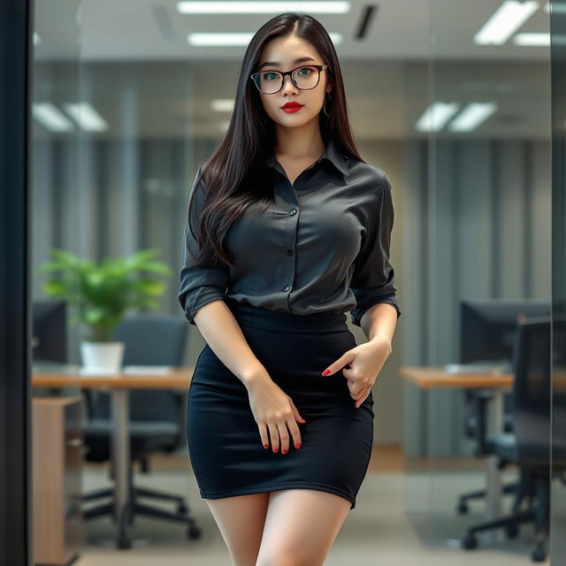 A stunning 19-year-old Korean female secretary with a curvy body, characterized by huge, extremely wide silicone breasts and hard nipples pushed up against her tight button-down shirt