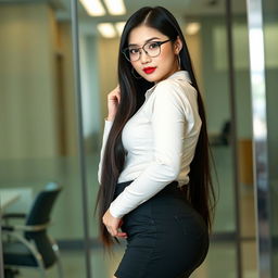 A charming 19-year-old Korean female secretary with an enticing curvy body, featuring extremely large breasts that stretch her tight blouse and a voluptuous big butt