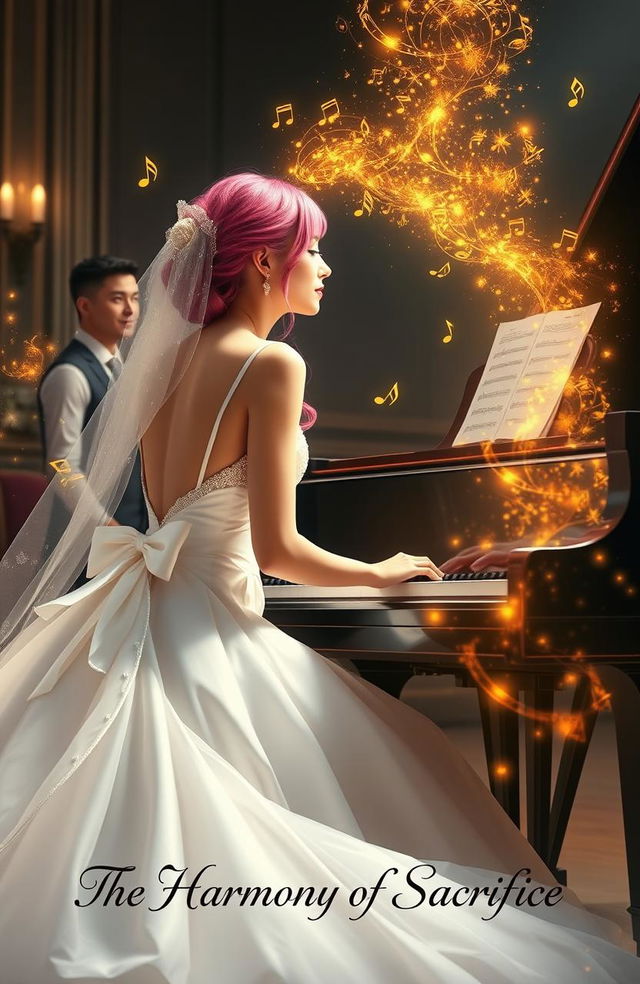 An elegant woman wearing a wedding dress sitting at a grand piano, her hair is a striking pink