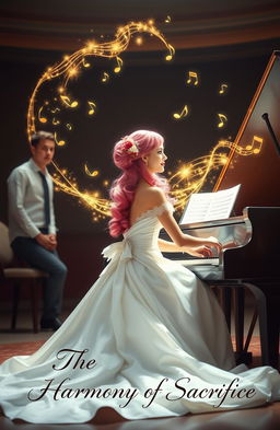 An elegant woman wearing a wedding dress sitting at a grand piano, her hair is a striking pink