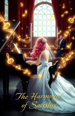 An elegant woman wearing a wedding dress sitting at a grand piano, her hair is a striking pink