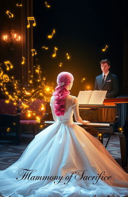 An elegant woman wearing a wedding dress sitting at a grand piano, her hair is a striking pink