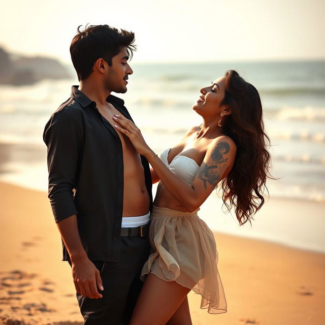 A sensual scene featuring Nushrat Bharucha as a college girl at a scenic beach, embracing her carefree spirit