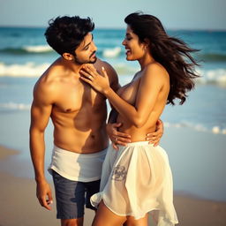 A sensual scene featuring Nushrat Bharucha as a college girl at a scenic beach, embracing her carefree spirit