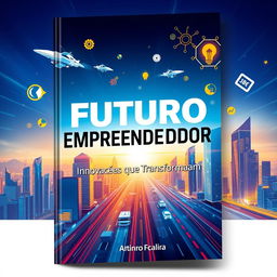 An eye-catching and dynamic book cover for a business and innovation book titled 'Futuro Empreendedor: Inovações que Transformam'