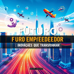 An eye-catching and dynamic book cover for a business and innovation book titled 'Futuro Empreendedor: Inovações que Transformam'