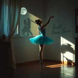 A ballerina wearing a stunning cyan costume, gracefully dancing in a dimly lit room