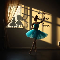 A ballerina wearing a stunning cyan costume, gracefully dancing in a dimly lit room