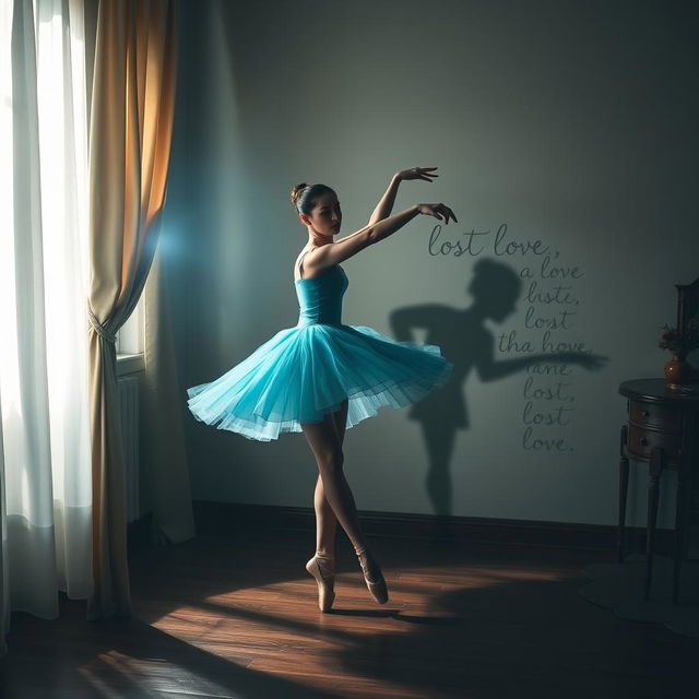 A ballerina wearing a stunning cyan costume, gracefully dancing in a dimly lit room