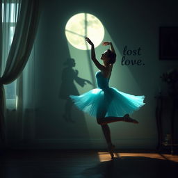 A ballerina wearing a stunning cyan costume, gracefully dancing in a dimly lit room
