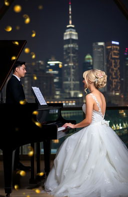 An elegant woman sitting at a grand piano, wearing a beautiful wedding dress, her hair styled in a lovely shade of pink