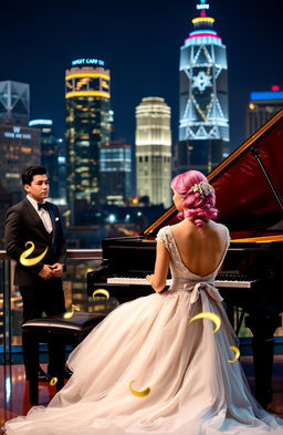 An elegant woman sitting at a grand piano, wearing a beautiful wedding dress, her hair styled in a lovely shade of pink