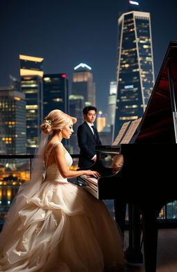 An elegant woman sitting at a grand piano, wearing a beautiful wedding dress, her hair styled in a lovely shade of pink