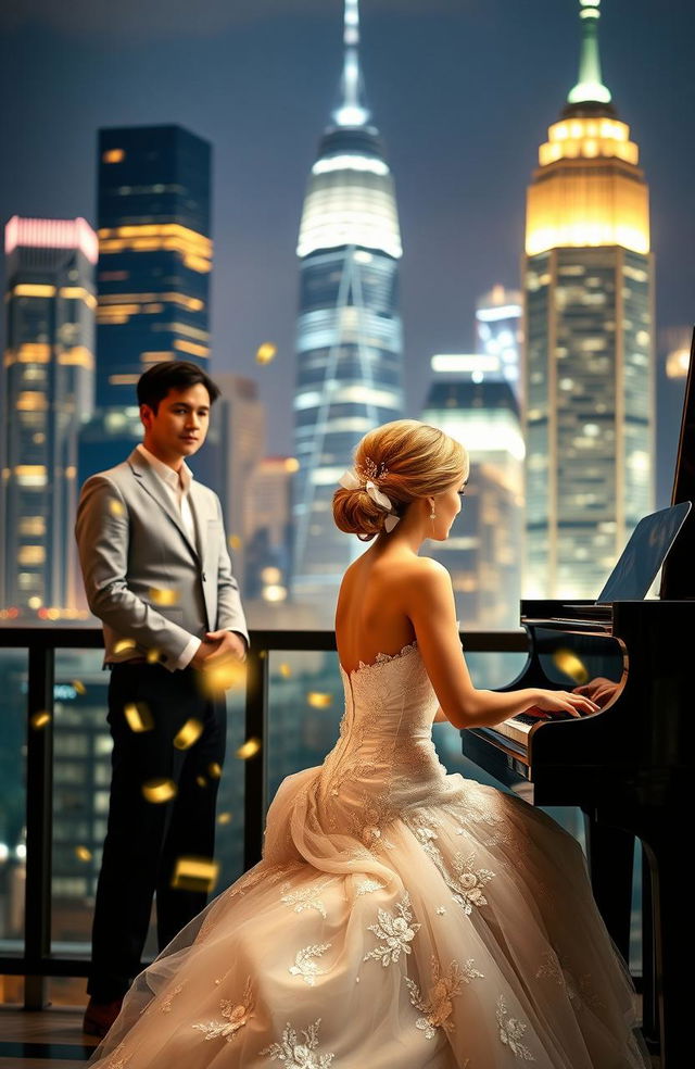 An elegant woman sitting at a grand piano, wearing a beautiful wedding dress, her hair styled in a lovely shade of pink