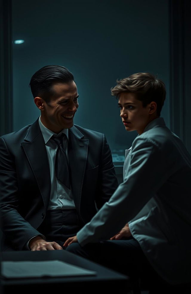 A dark and intense scene showcasing a psychopathic man, with an enigmatic smile and piercing eyes, sitting across from a young doctor, who looks somewhat apprehensive yet intrigued