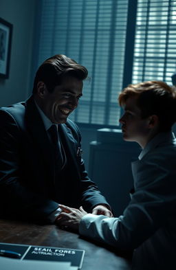 A dark and intense scene showcasing a psychopathic man, with an enigmatic smile and piercing eyes, sitting across from a young doctor, who looks somewhat apprehensive yet intrigued