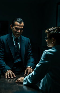 A dark and intense scene showcasing a psychopathic man, with an enigmatic smile and piercing eyes, sitting across from a young doctor, who looks somewhat apprehensive yet intrigued