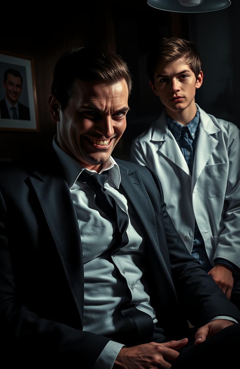 A dark and intense scene showcasing a psychopathic man, with an enigmatic smile and piercing eyes, sitting across from a young doctor, who looks somewhat apprehensive yet intrigued