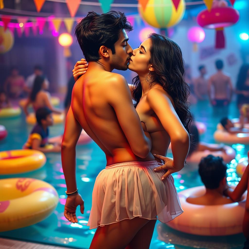 A sensual scene featuring Nushrat Bharucha as a college girl at a vibrant pool party