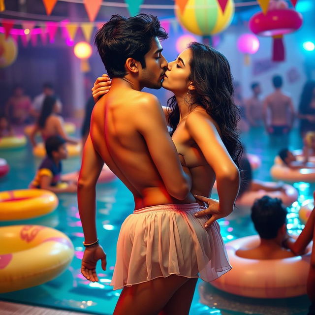 A sensual scene featuring Nushrat Bharucha as a college girl at a vibrant pool party