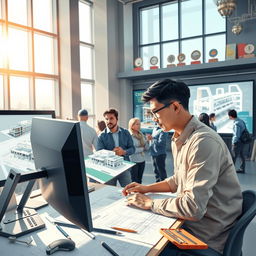 A highly detailed illustration of a professional BIM (Building Information Modeling) modeller at work in a modern architectural studio