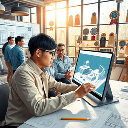 A highly detailed illustration of a professional BIM (Building Information Modeling) modeller at work in a modern architectural studio