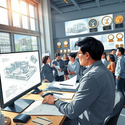 A highly detailed illustration of a professional BIM (Building Information Modeling) modeller at work in a modern architectural studio