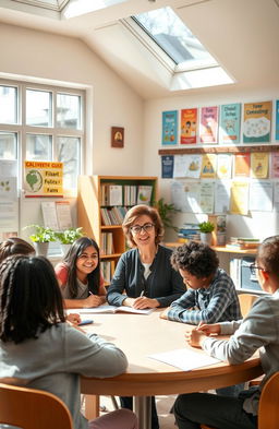 A scene depicting a guidance and counseling teacher in a bright, welcoming classroom filled with educational posters and resources