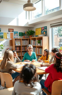 A scene depicting a guidance and counseling teacher in a bright, welcoming classroom filled with educational posters and resources