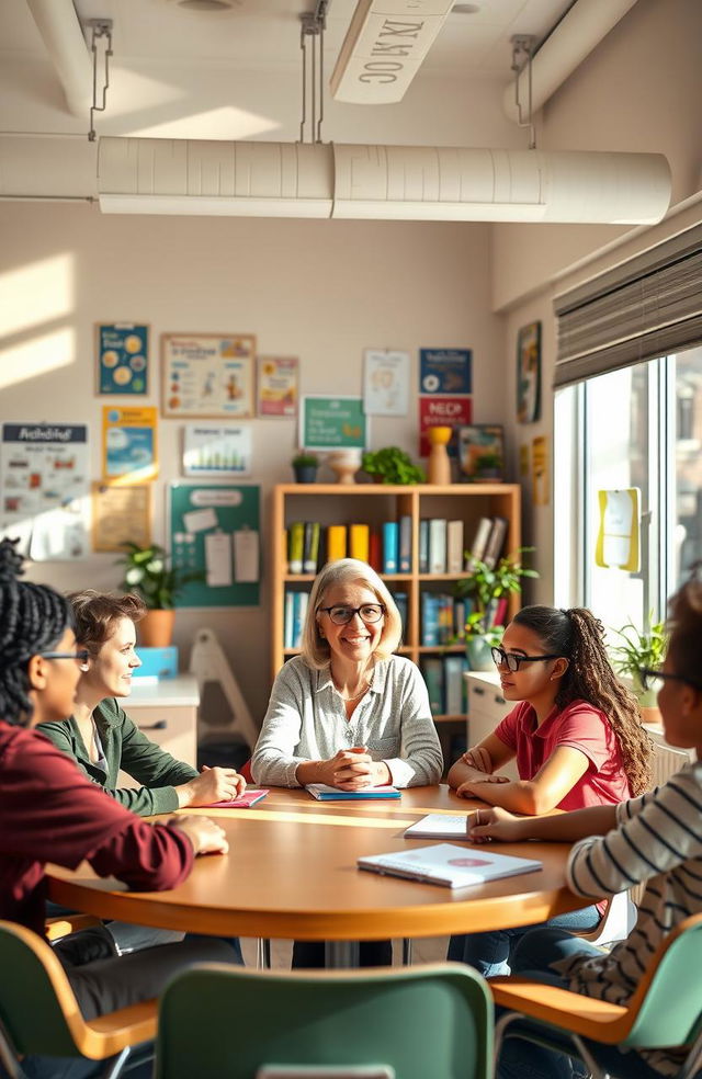 A scene depicting a guidance and counseling teacher in a bright, welcoming classroom filled with educational posters and resources