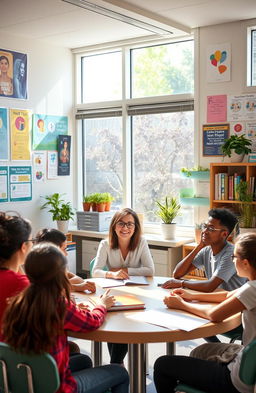 A scene depicting a guidance and counseling teacher in a bright, welcoming classroom filled with educational posters and resources