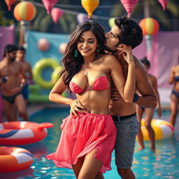 A sensual scene featuring Nushrat Bharucha as a college girl at a lively pool party