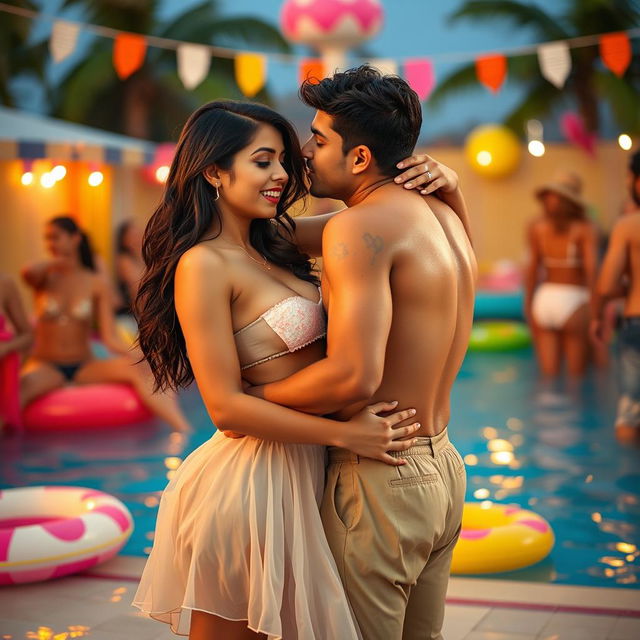 A sensual scene featuring Nushrat Bharucha as a college girl at a lively pool party