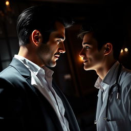 A compelling scene featuring a handsome psychopathic man with striking features and a charismatic smile, gazing intensely at a young doctor man who appears both intrigued and wary