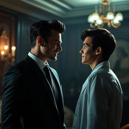 A compelling scene featuring a handsome psychopathic man with striking features and a charismatic smile, gazing intensely at a young doctor man who appears both intrigued and wary