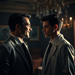 A compelling scene featuring a handsome psychopathic man with striking features and a charismatic smile, gazing intensely at a young doctor man who appears both intrigued and wary