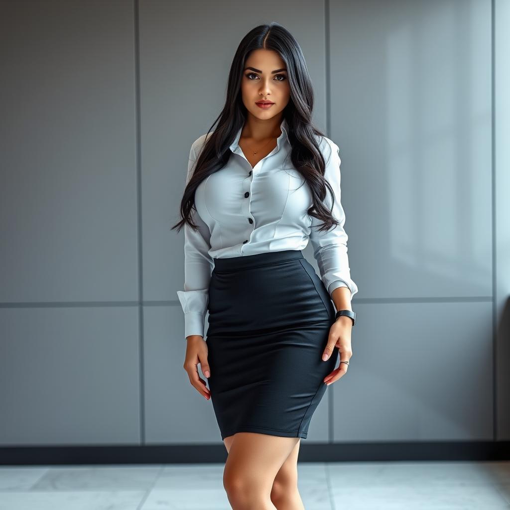 A seductive scene featuring a 20-year-old Spanish female secretary standing confidently in front of a sleek office backdrop