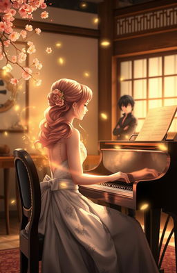 An elegant woman in a wedding dress sitting at a grand piano, her hair styled in delicate pink shades reminiscent of cherry blossoms