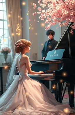 An elegant woman in a wedding dress sitting at a grand piano, her hair styled in delicate pink shades reminiscent of cherry blossoms