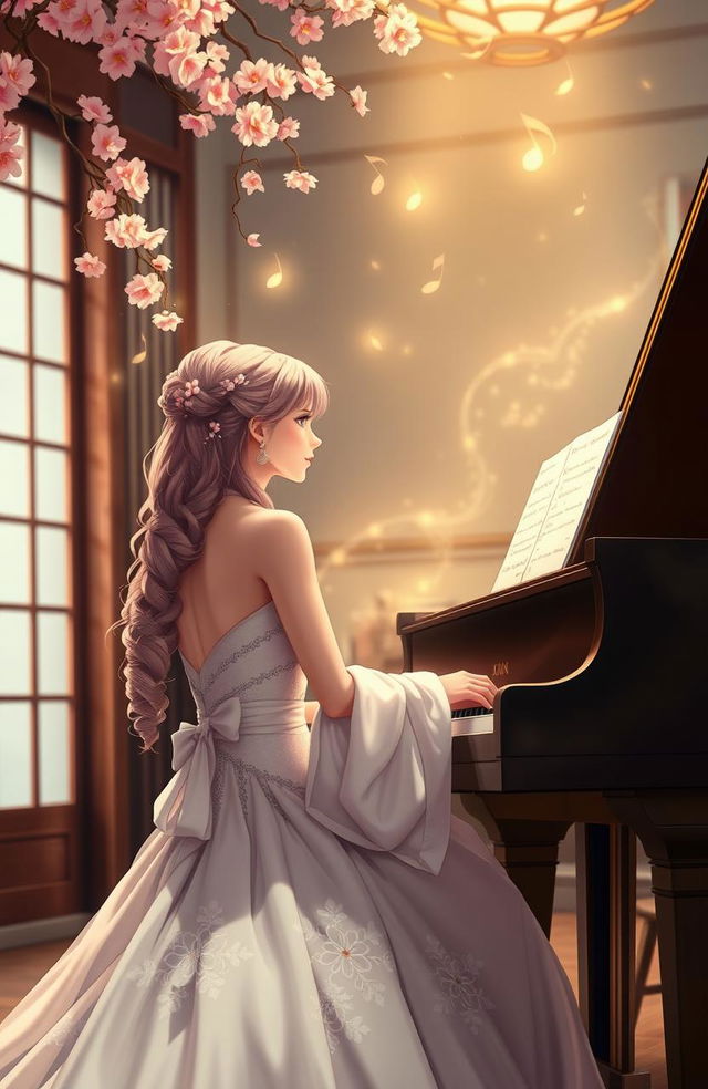 An elegant woman in a wedding dress sitting at a grand piano, her hair styled in delicate pink shades reminiscent of cherry blossoms