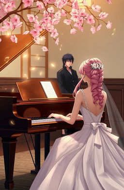 An elegant woman in a wedding dress sitting at a grand piano, her hair styled in delicate pink shades reminiscent of cherry blossoms