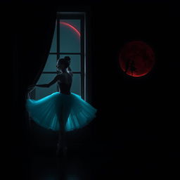 A ballerina dressed in a beautiful cyan costume, gracefully dancing in a dark room next to a window that is partially curtained