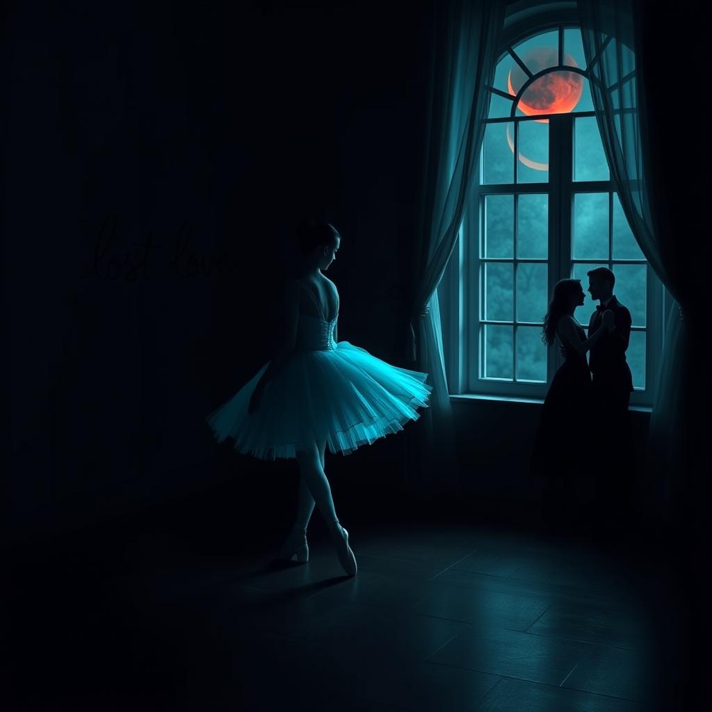 A ballerina dressed in a beautiful cyan costume, gracefully dancing in a dark room next to a window that is partially curtained