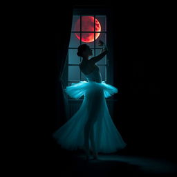 A ballerina dressed in a beautiful cyan costume, gracefully dancing in a dark room next to a window that is partially curtained