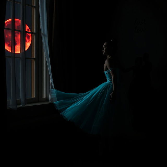 A ballerina dressed in a beautiful cyan costume, gracefully dancing in a dark room next to a window that is partially curtained