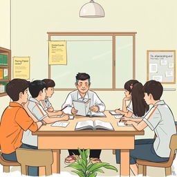 Ilustrasi menggambarkan peran guru bimbingan dan konseling dalam suasana kelas yang cerah dan bersahabat